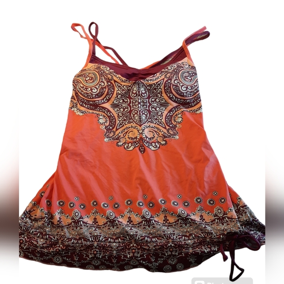 Athleta Orange Paisley Side-Scrunch Tankini Top size ST (Small Tall) - Picture 1 of 15